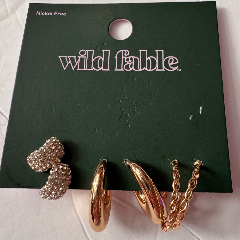 Wild Fable Gold Tone Earring Set 3 Pair Rhinestone Hearts Chunky Hoops Chain